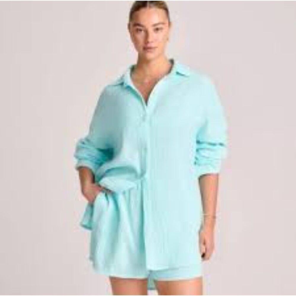 Vitamin A Gauzy Cotton Button-Up Tunic Shirt blue size small